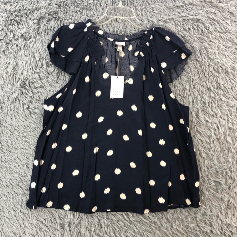 A New Day Blouse Womens Large Navy Vneck Layered Raw Edge Sleeves Polka Dots NWT